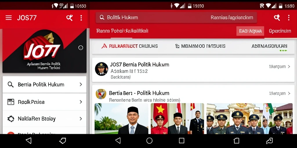 Tampilan antarmuka aplikasi JOS77 dengan berita politik dan hukum.